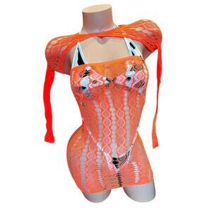 Orange Lace Sheer Mesh Fishnet Mini Dress w Long Sleeve Shrug - EXOTIC DANCEWEAR